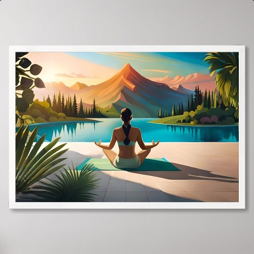 Yoga Painting Serene Meditation by Mountain Lake Poster