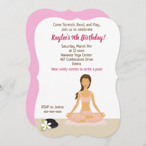 Yoga Party Girls Birthday Invitation Brown Hair