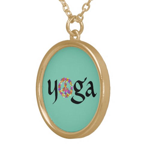 Yoga Peace Sign Floral on Aqua Gold Plated Necklace