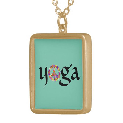 Yoga Peace Sign Floral on Aqua Gold Plated Necklace