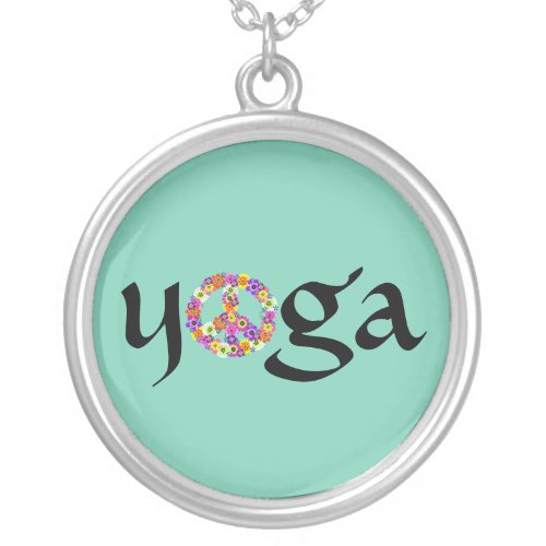 Yoga Peace Sign Floral on Aqua Silver Plated Necklace