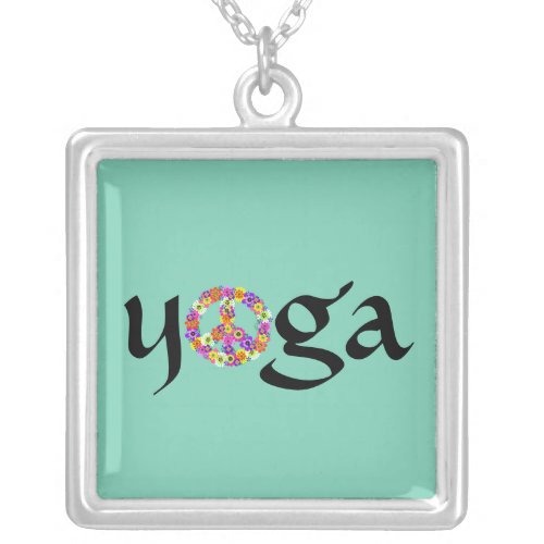 Yoga Peace Sign Floral on Aqua Silver Plated Necklace