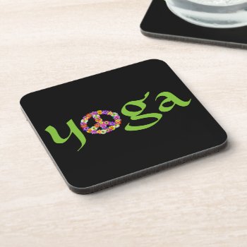 Yoga Peace Sign Floral On Black Beverage Coaster by Mistflower at Zazzle