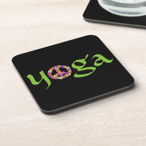 Yoga Peace Sign Floral on Black Beverage Coaster