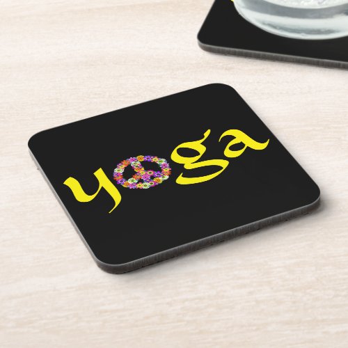 Yoga Peace Sign Floral on Black Coaster