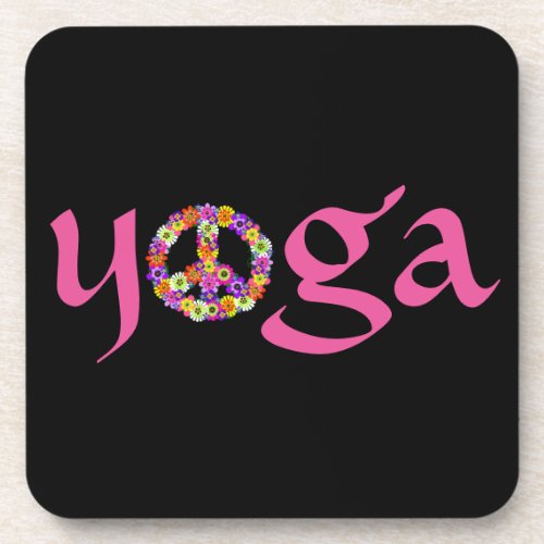 Yoga Peace Sign Floral on Black Drink Coaster