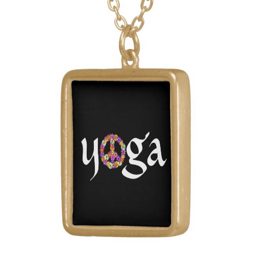 Yoga Peace Sign Floral on Black Gold Plated Necklace