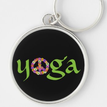 Yoga Peace Sign Floral On Black Keychain by Mistflower at Zazzle