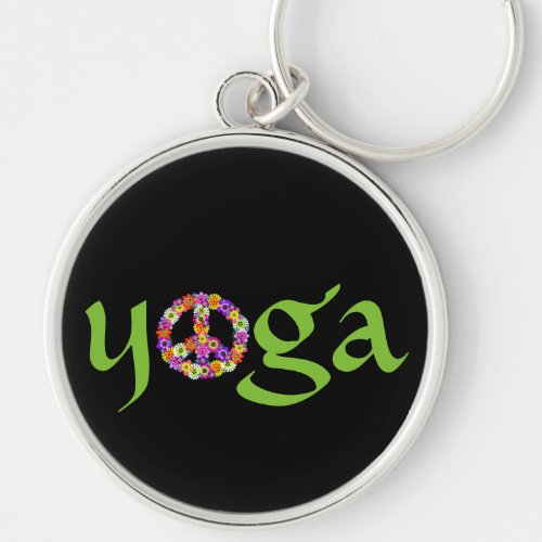 Yoga Peace Sign Floral on Black Keychain