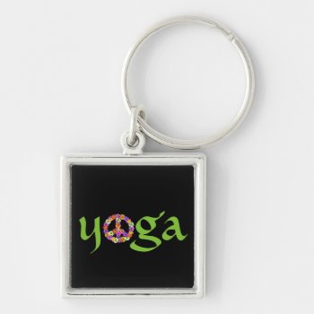 Yoga Peace Sign Floral On Black Keychain by Mistflower at Zazzle