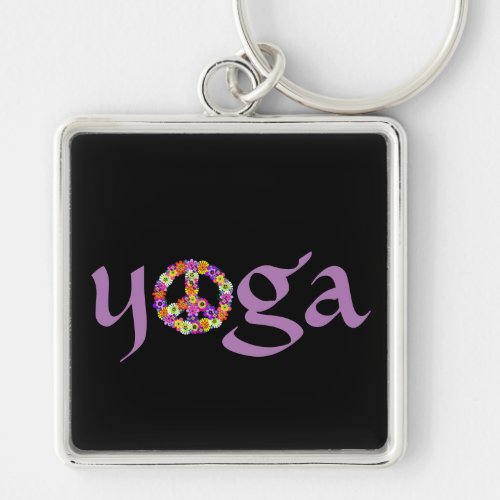 Yoga Peace Sign Floral on Black Keychain