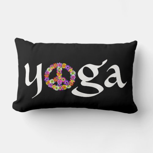 Yoga Peace Sign Floral on Black Lumbar Pillow