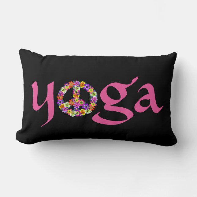 Yoga Peace Sign Floral on Black Lumbar Pillow (Front)