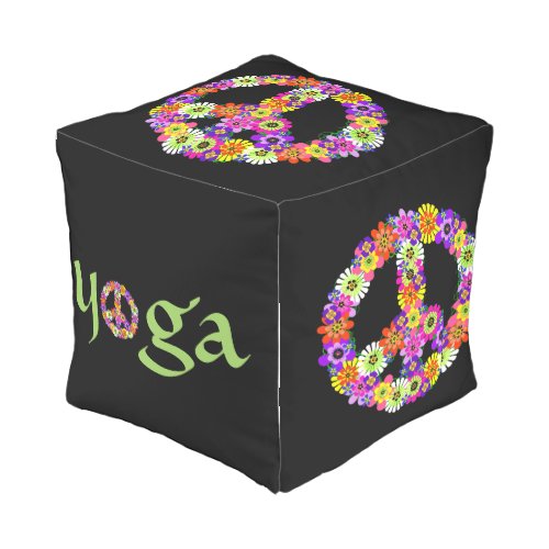 Yoga Peace Sign Floral on Black Outdoor Pouf