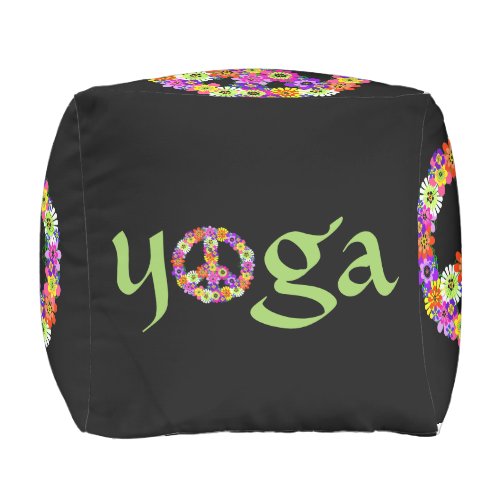 Yoga Peace Sign Floral on Black Outdoor Pouf