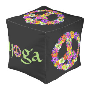 Yoga Peace Sign Floral on Black Pouf