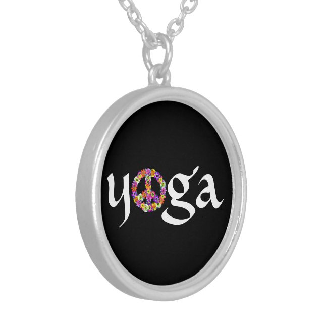 Yoga Peace Sign Floral on Black Silver Plated Necklace (Front Left)