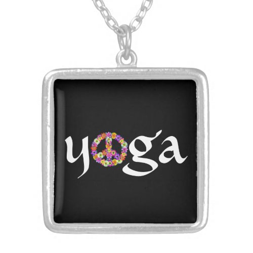 Yoga Peace Sign Floral on Black Silver Plated Necklace