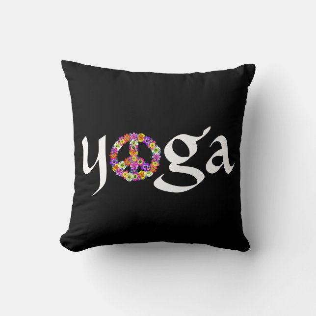 Yoga Peace Sign Floral on Black Throw Pillow (Front)