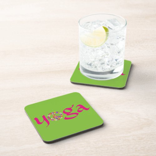 Yoga Peace Sign Floral on Lime Green Beverage Coaster