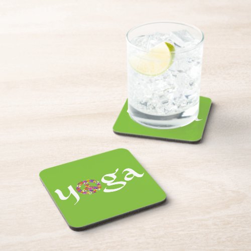 Yoga Peace Sign Floral on Lime Green Beverage Coaster