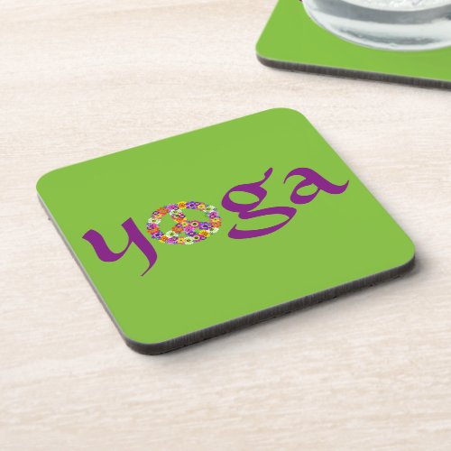 Yoga Peace Sign Floral on Lime Green Drink Coaster