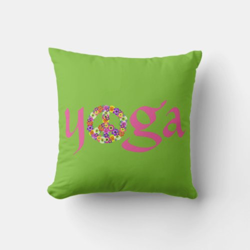 Yoga Peace Sign Floral on Lime Green Throw Pillow