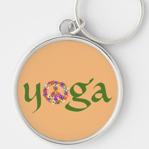 Yoga Peace Sign Floral on Peach Keychain