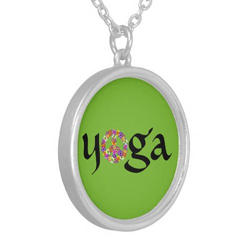 Yoga Peace Sign Floral on Smoothie Green Silver Plated Necklace