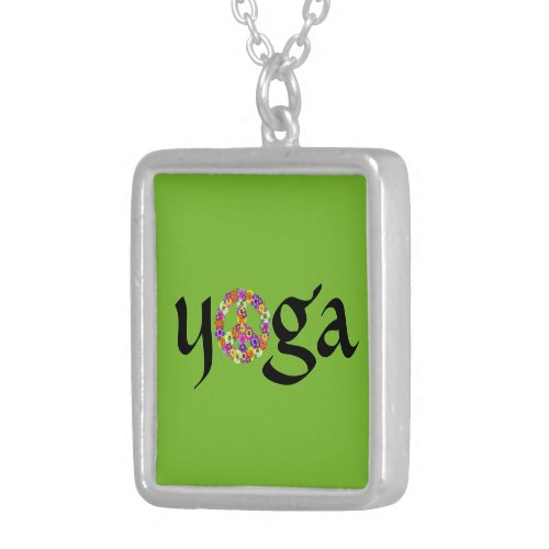 Yoga Peace Sign Floral on Smoothie Green Silver Plated Necklace