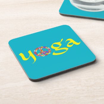 Yoga Peace Sign Floral On Turquoise Beverage Coaster by Mistflower at Zazzle