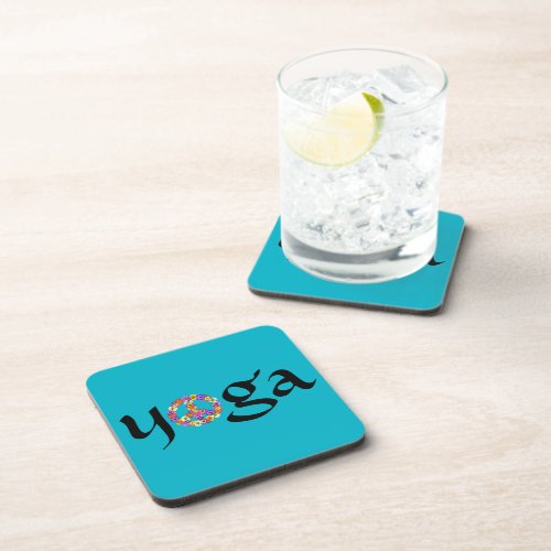 Yoga Peace Sign Floral on Turquoise Beverage Coaster