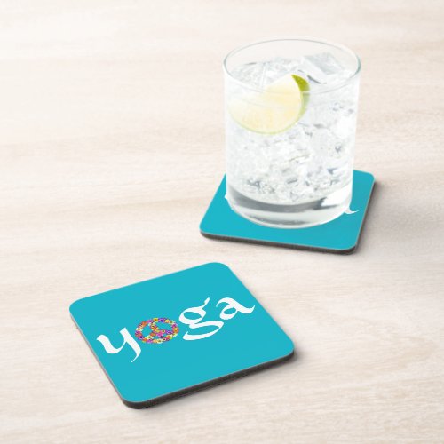 Yoga Peace Sign Floral on Turquoise Drink Coaster