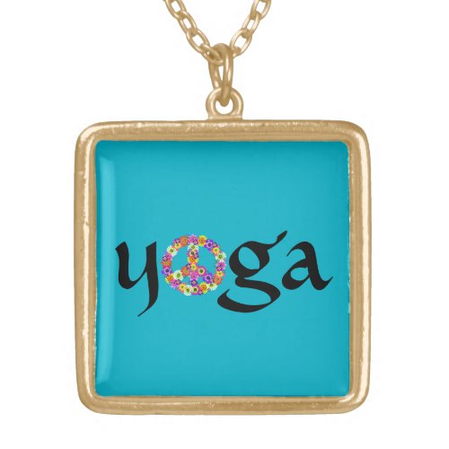 Yoga Peace Sign Floral on Turquoise Gold Plated Necklace