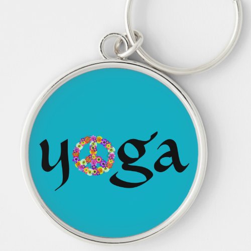 Yoga Peace Sign Floral on Turquoise Keychain