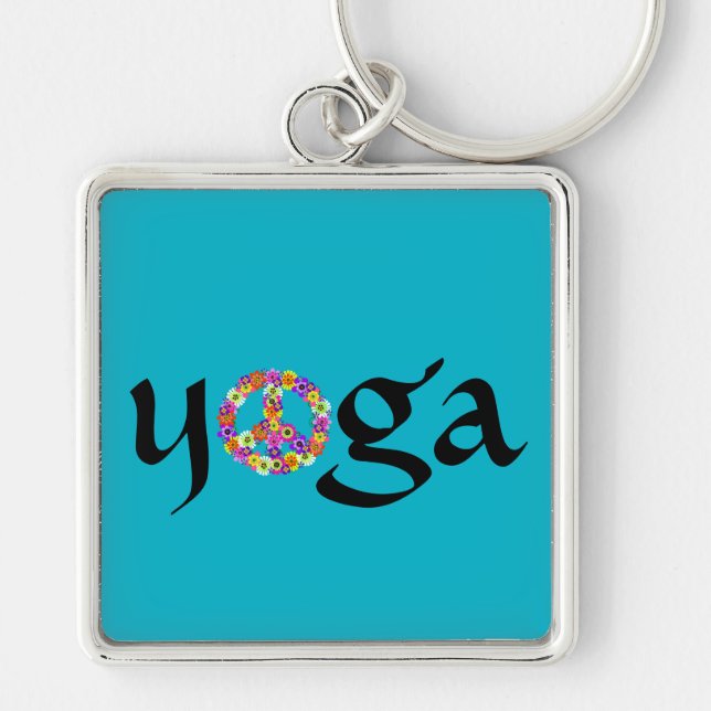 Yoga Peace Sign Floral on Turquoise Keychain (Front)