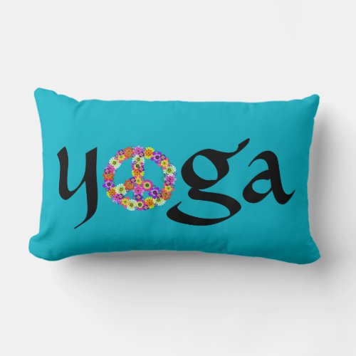 Yoga Peace Sign Floral on Turquoise Lumbar Pillow