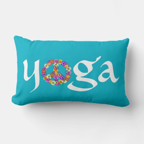 Yoga Peace Sign Floral on Turquoise Lumbar Pillow