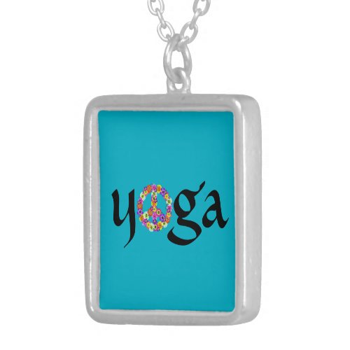 Yoga Peace Sign Floral on Turquoise Silver Plated Necklace