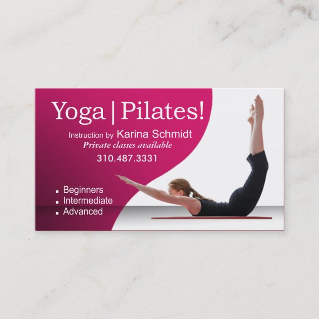 "Yoga | Pilates!" Pilates Instruction, Yoga Class Business Card (Front)