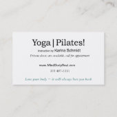 "Yoga | Pilates!" Pilates Instruction, Yoga Class Business Card (Back)