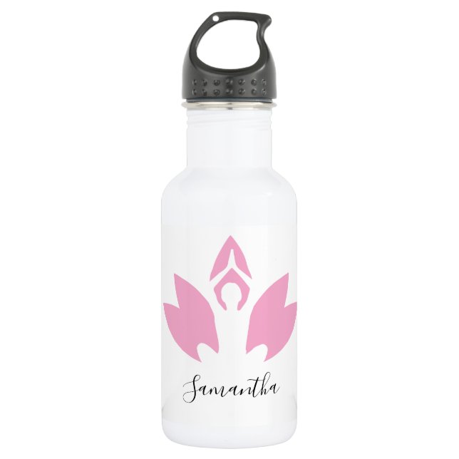 Yoga, Pink Lotus, silhouette, modern script, Water Bottle (Front)