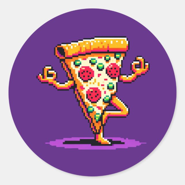 Yoga Pizza: 8-Bit Slice in Pose Humorous Pixel Art Classic Round Sticker (Front)
