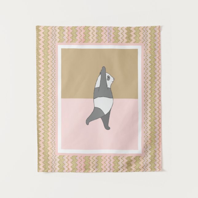 Yoga Pose Panda Pink Zig Zag Background  Tapestry (Front)