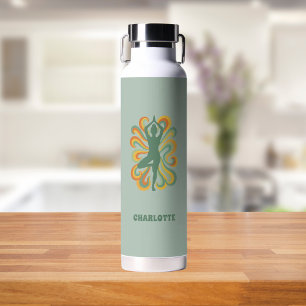 Yoga pose retro swirls name sage green water bottle