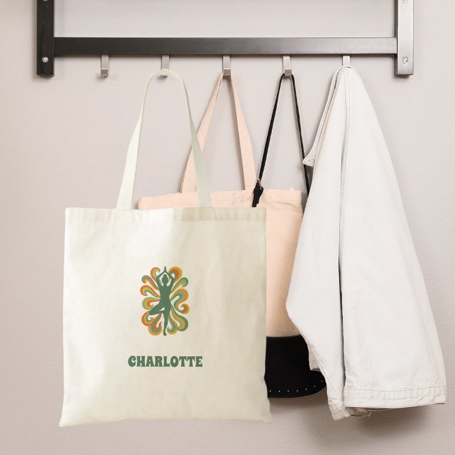 Yoga pose swirls green orange name retro tote bag (Creator Uploaded)
