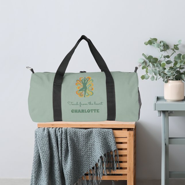 Yoga pose swirls green orange name slogan retro duffle bag (Creator Uploaded)