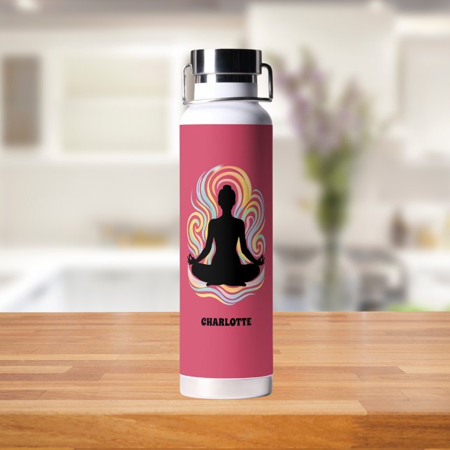 Yoga pose swirls pink name water bottle (Creator Uploaded)
