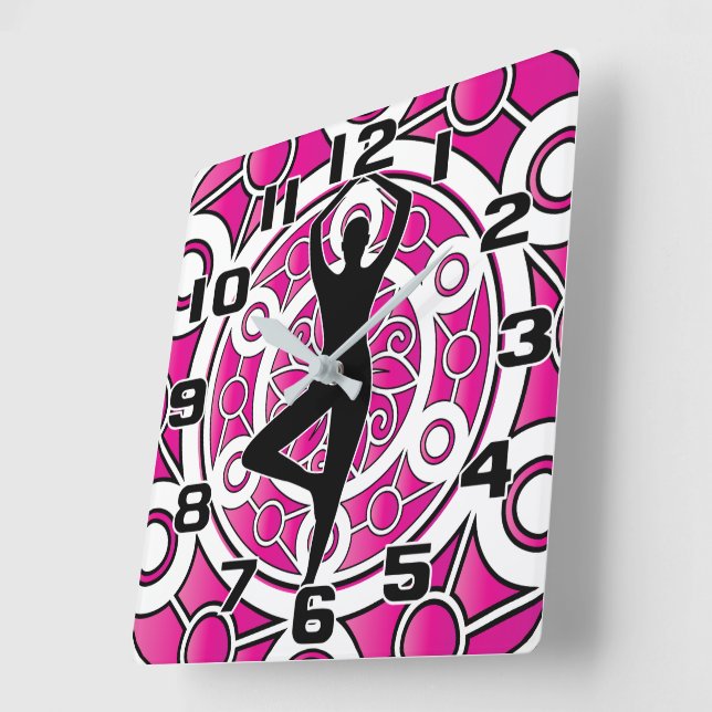 Yoga Pose Tree Ornamental Pink Mandala Square Wall Clock (Angle)