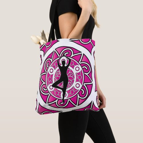 Yoga Pose Tree Ornamental Pink Mandala Tote Bag